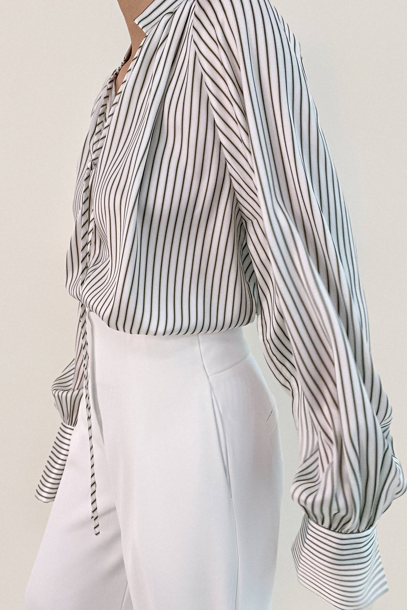 White High Neck Tie Detail Striped Blouse