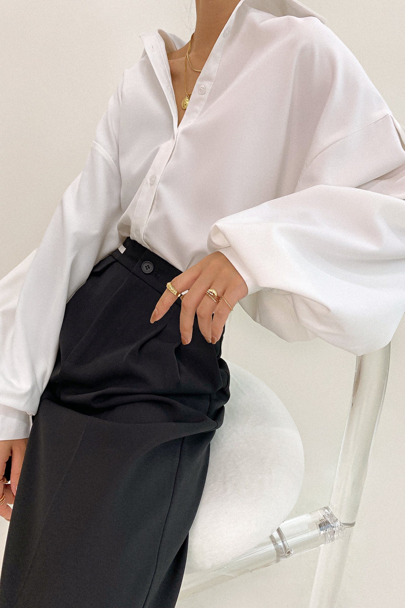 White Button-Up Lantern Sleeve Shirt