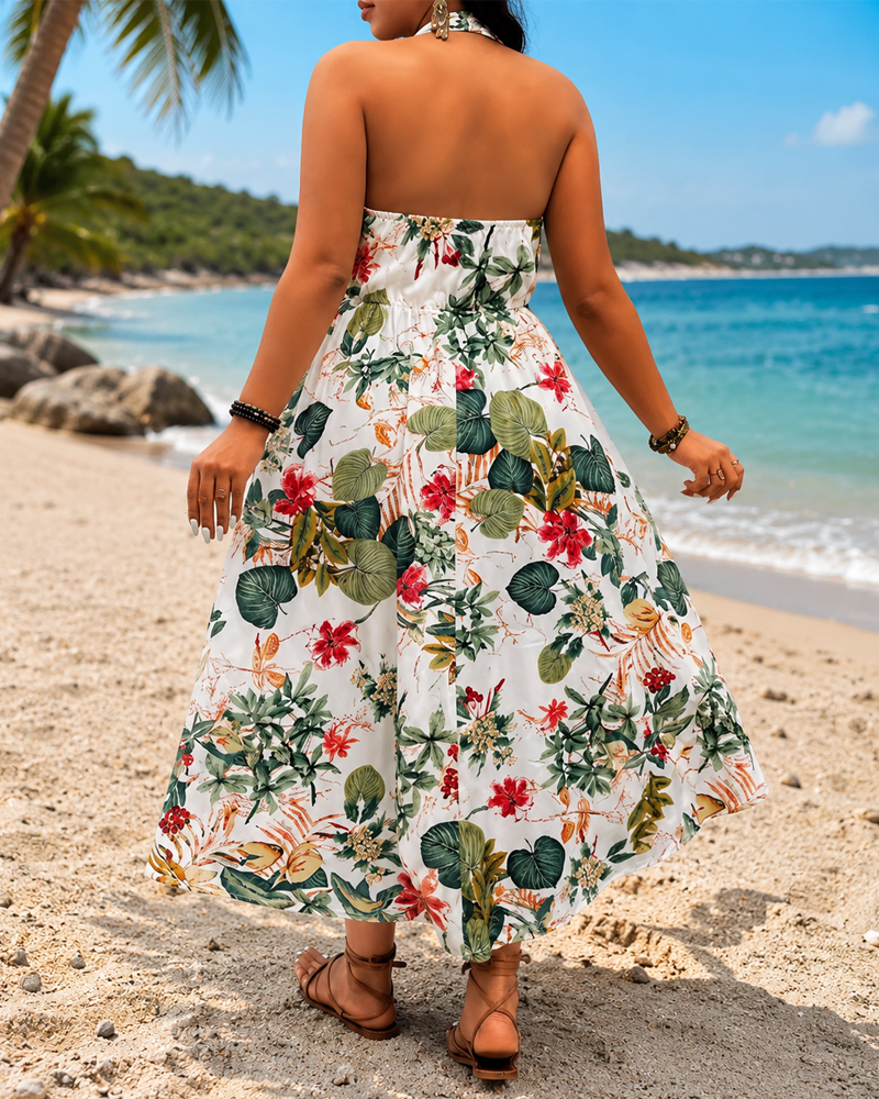 Plus Size Bohemian Print Halter Dress and Shorts Set