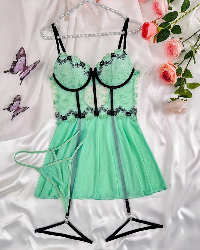 Sheer Mesh Printed Lace Push-Up Spaghetti Strap Lingerie