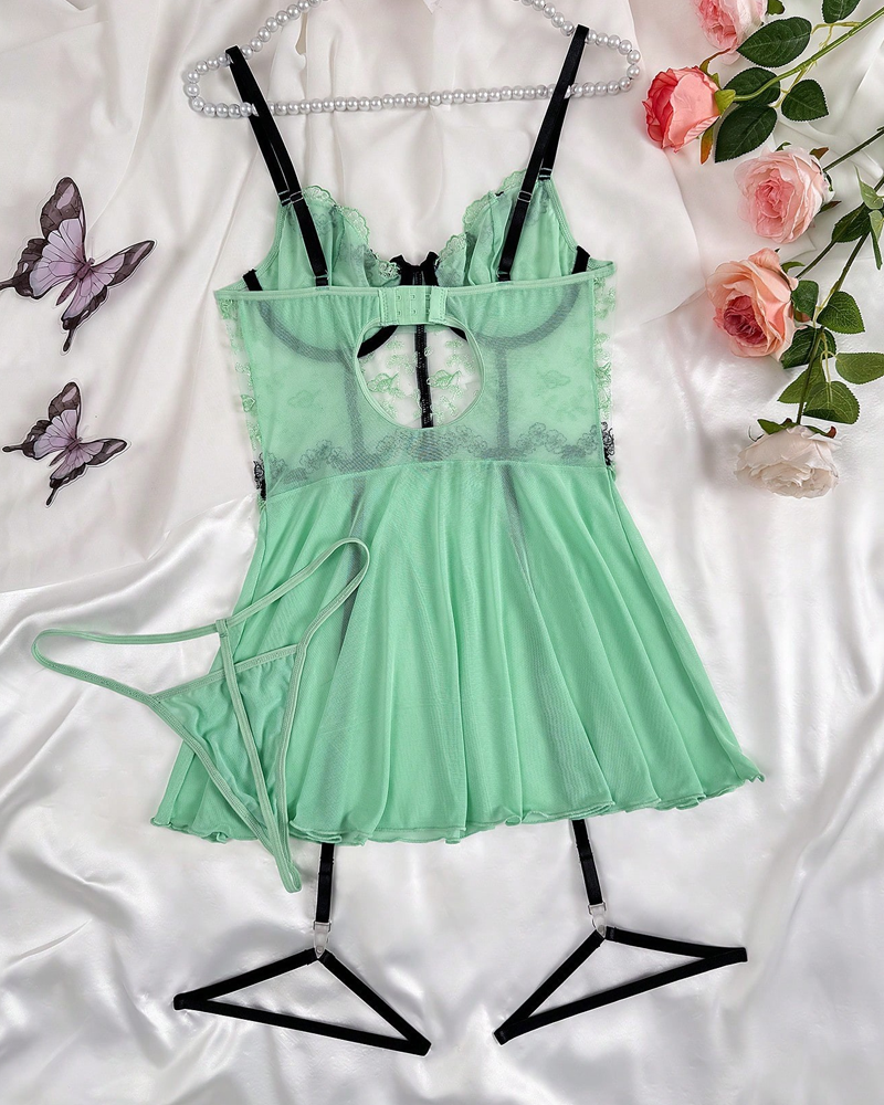 Sheer Mesh Printed Lace Push-Up Spaghetti Strap Lingerie