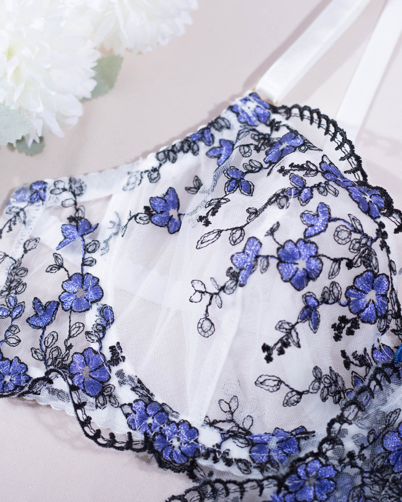 Velvet Rose Floral Embroidered Sheer Mesh Lingerie Set