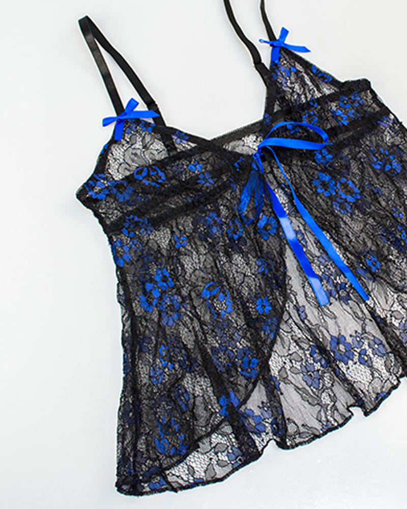 Floral Embroidered Sheer Mesh Nightgown Set
