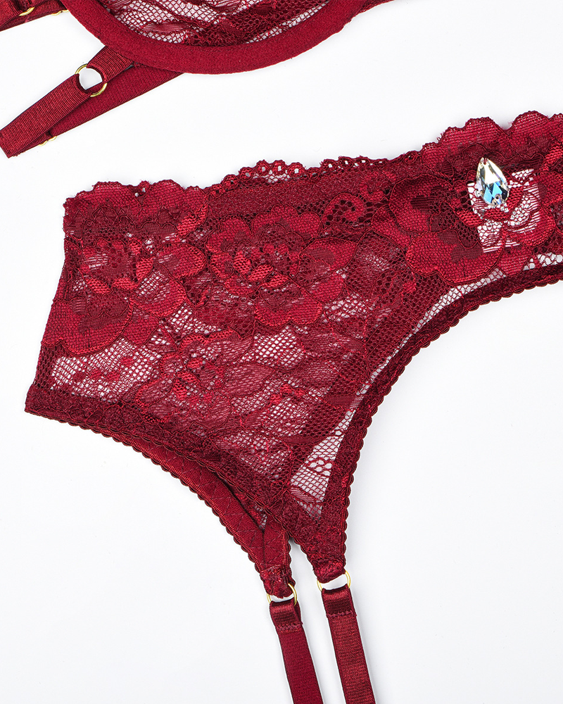 Rhinestone Teardrop Lace Cut-Out Lingerie Set