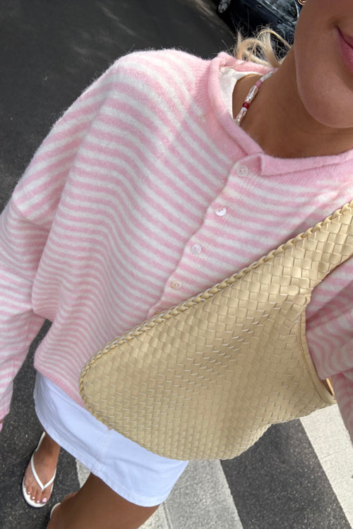 Attractively Cozy Soft Striped Knit Cardigan - Light Pink