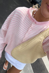 Attractively Cozy Soft Striped Knit Cardigan - Light Pink
