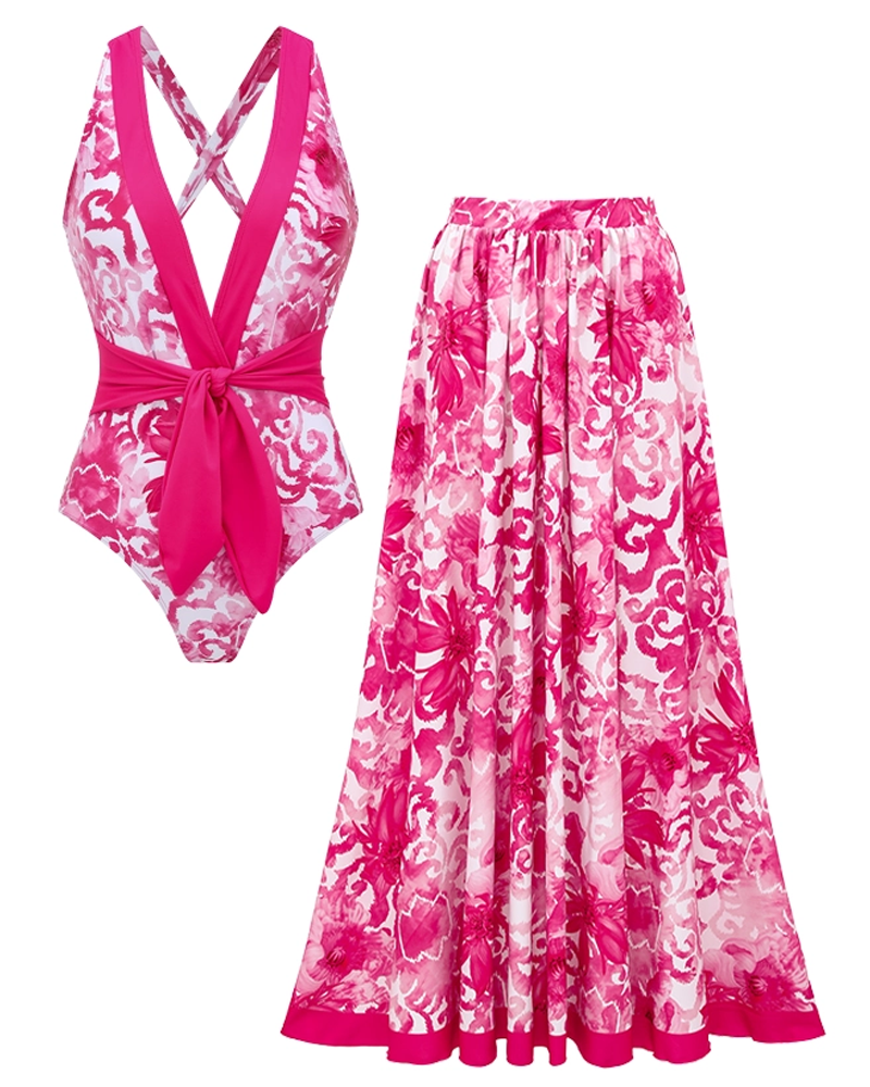 Cut-Out Floral Print Swimsuit Set