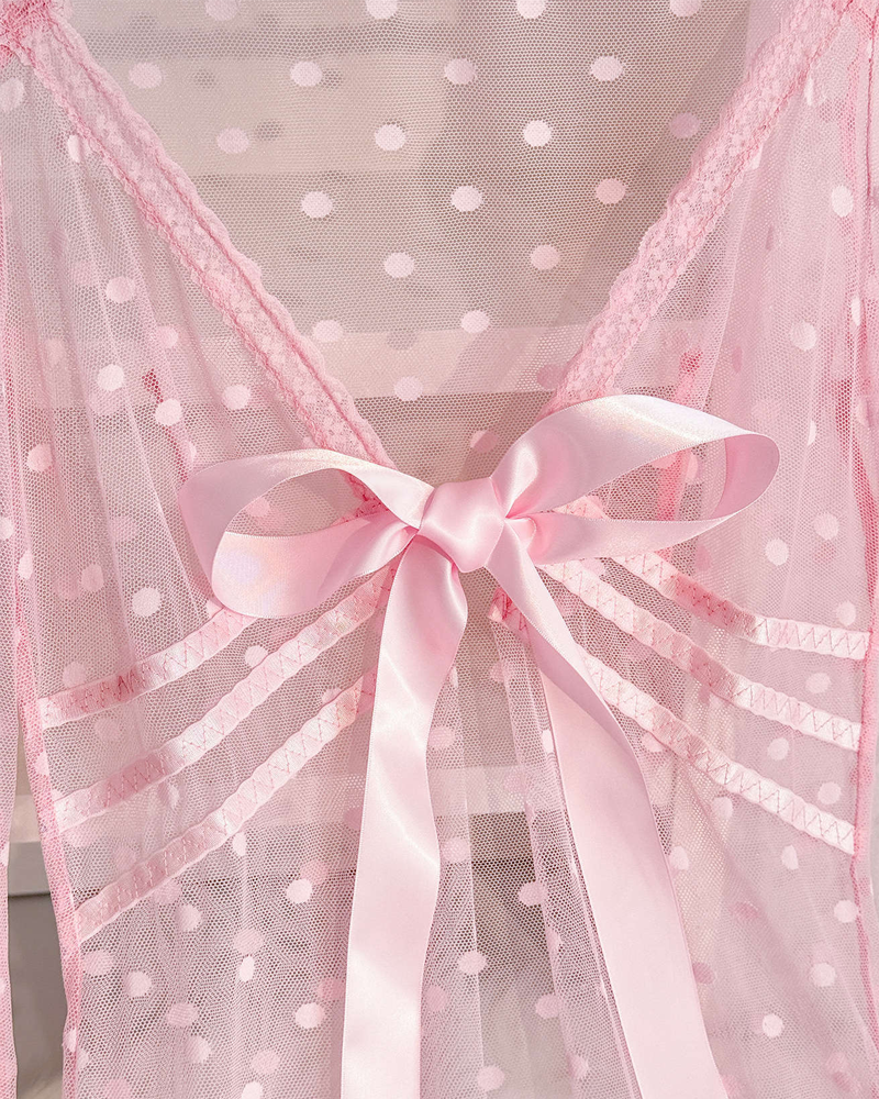 Plus Size Pink Polka Dot Mesh Robe Set
