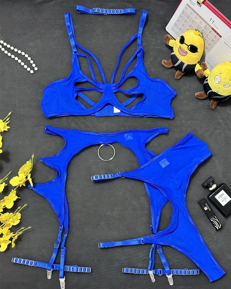 Metal O-Ring Cutout Sheer Mesh Lingerie Set
