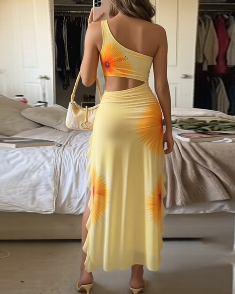 Floral Print Cutout High Slit Mesh Maxi Dress