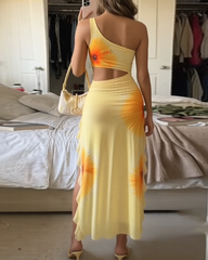 Floral Print Cutout High Slit Mesh Maxi Dress