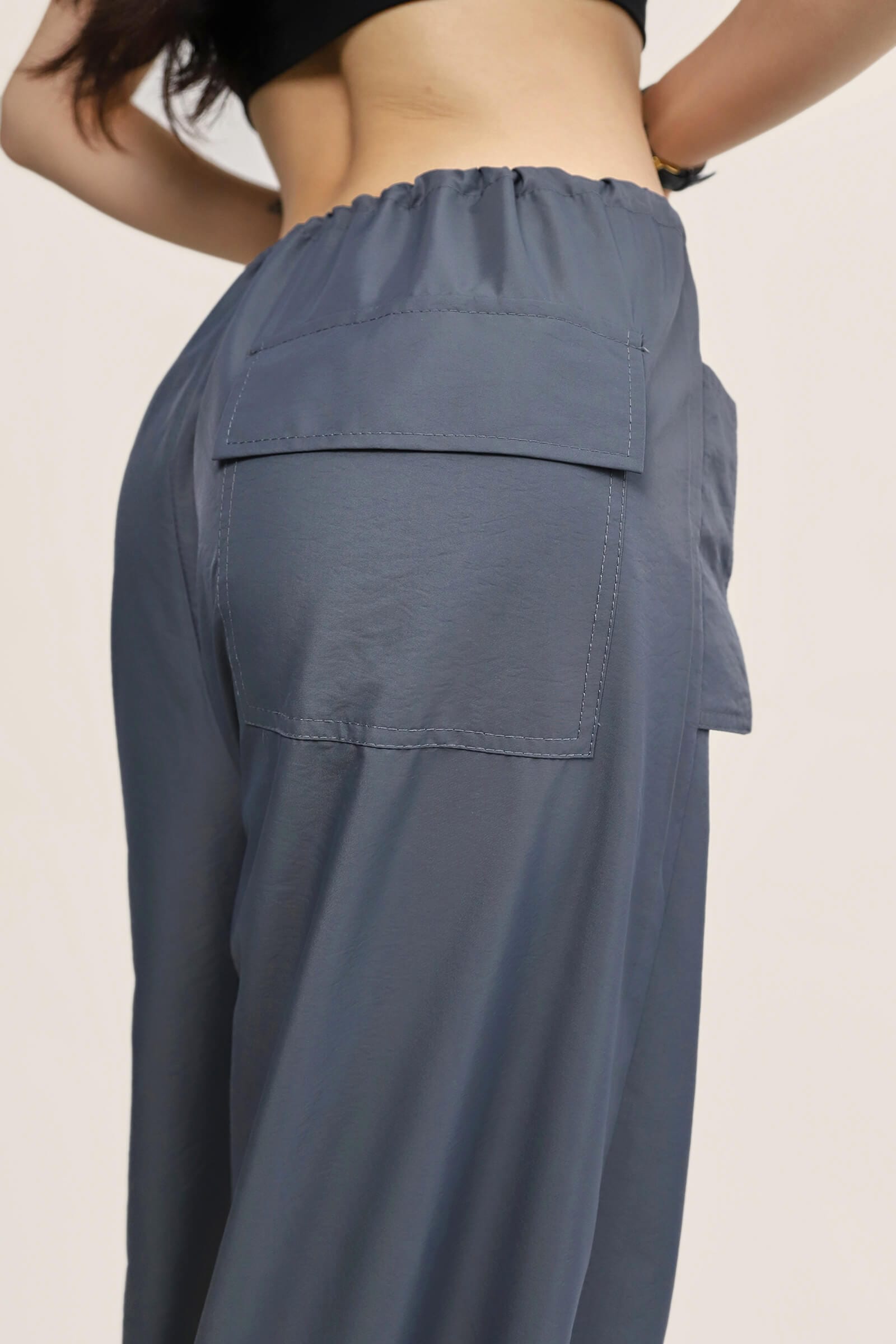 Grey Mid Rise Drawstring Cargo Pants