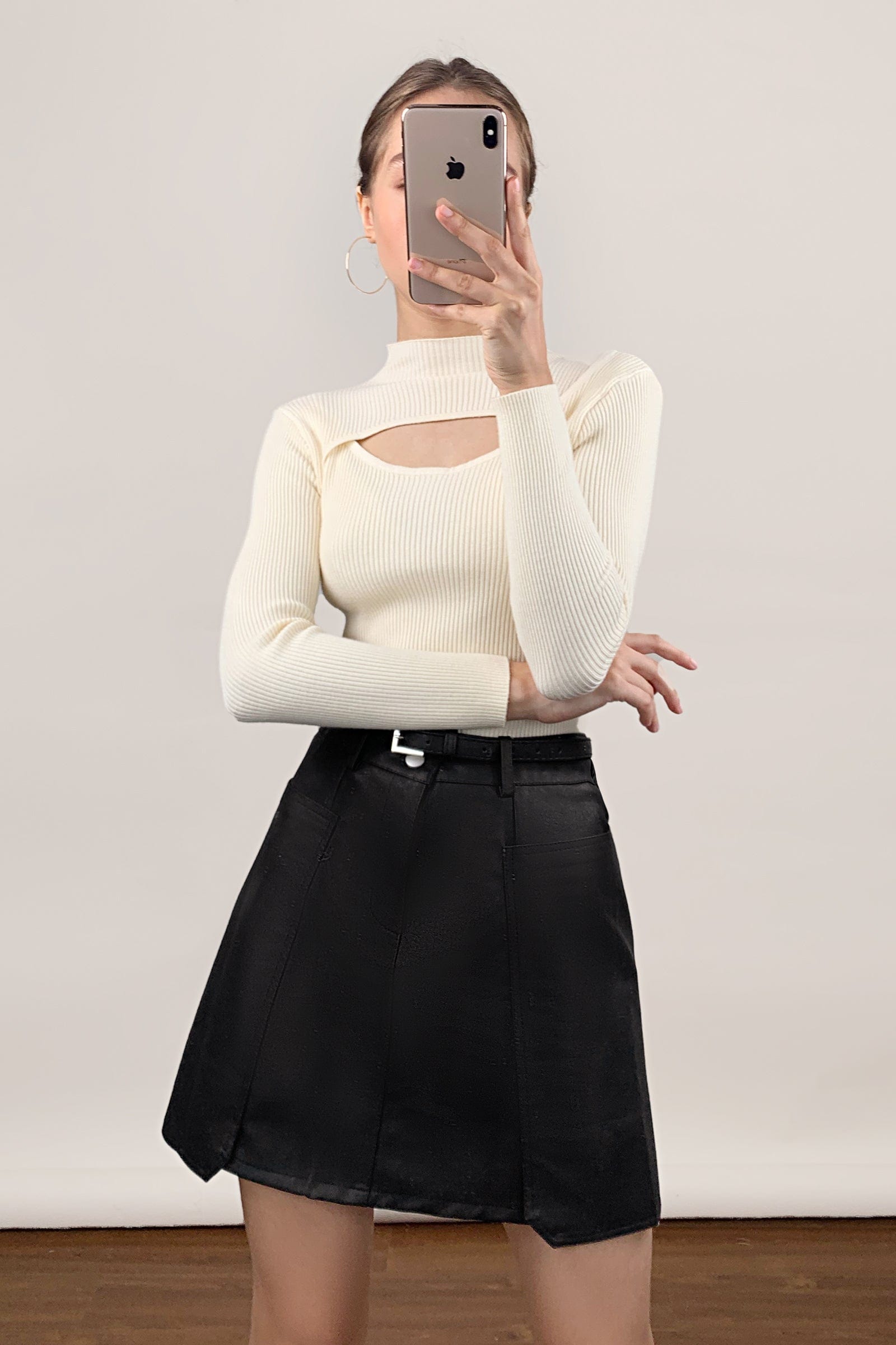White Mock Neck Front Cut Out Ribbed Knit Sweater