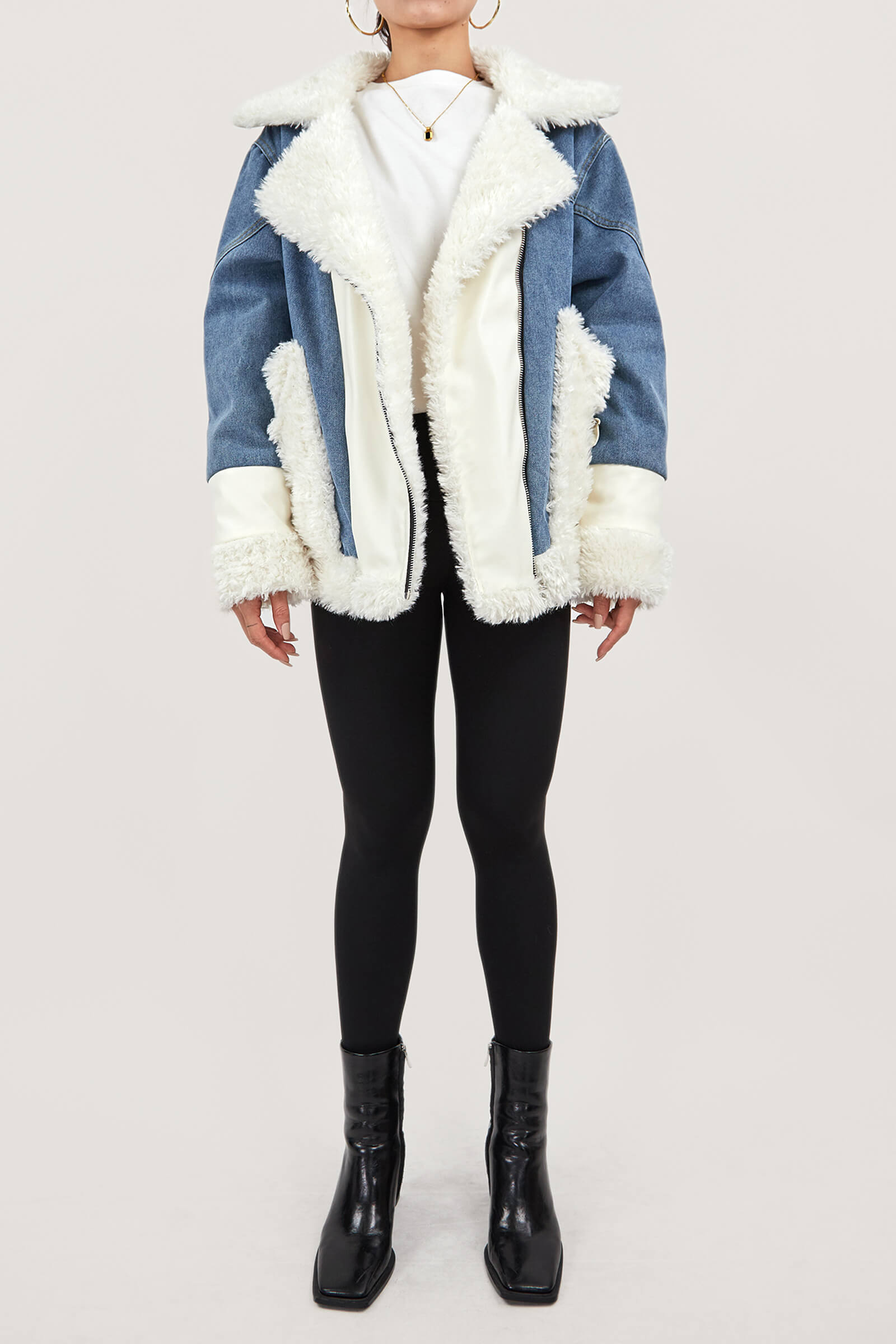 Zip Up Teddy Denim Jacket