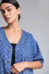 Royal Blue Frayed Denim Longline Button-Up Top & Shorts Two-Piece Set