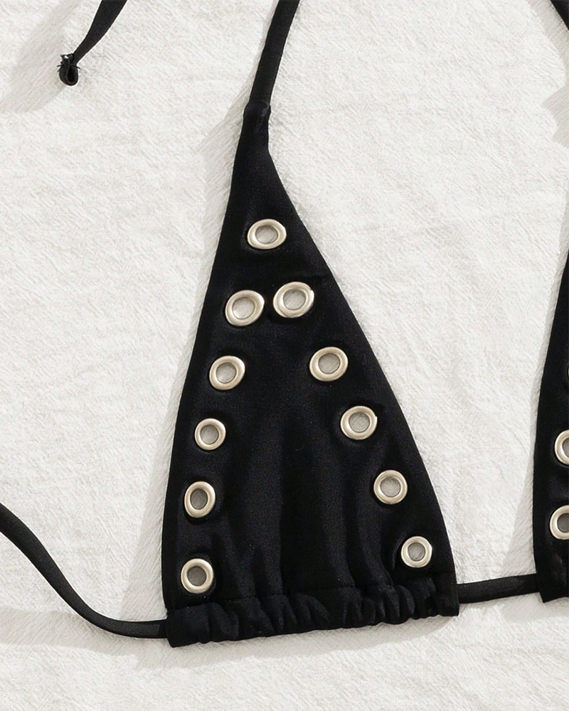 Beach Vacation Gold Metal Ring Halter Bikini Set