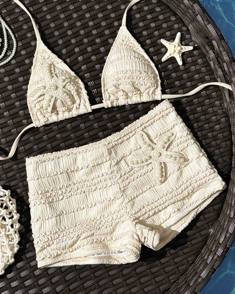 Halter Neck Starfish Sequin Embroidered Two-Piece Bikini Set