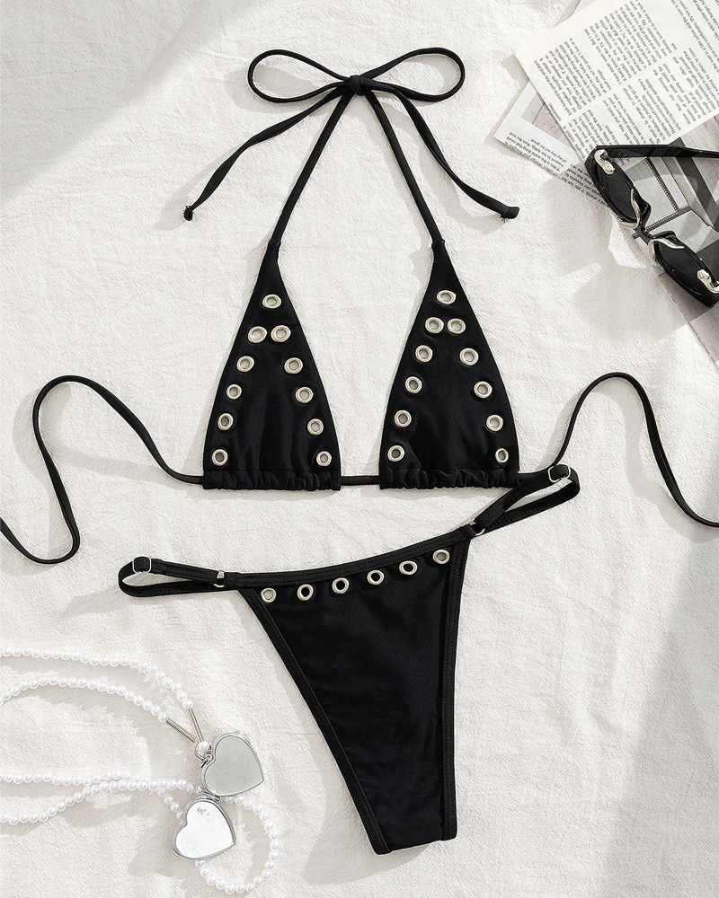 Beach Vacation Gold Metal Ring Halter Bikini Set