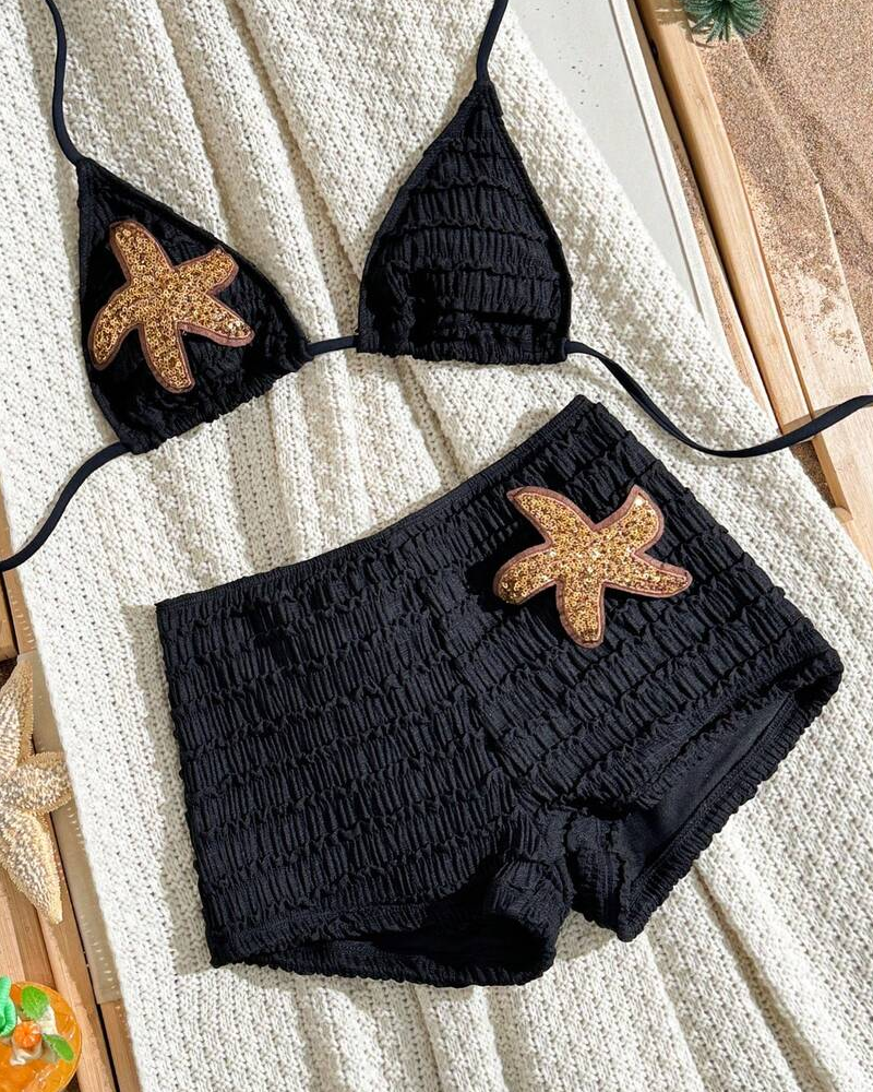 Halter Neck Starfish Sequin Embroidered Two-Piece Bikini Set