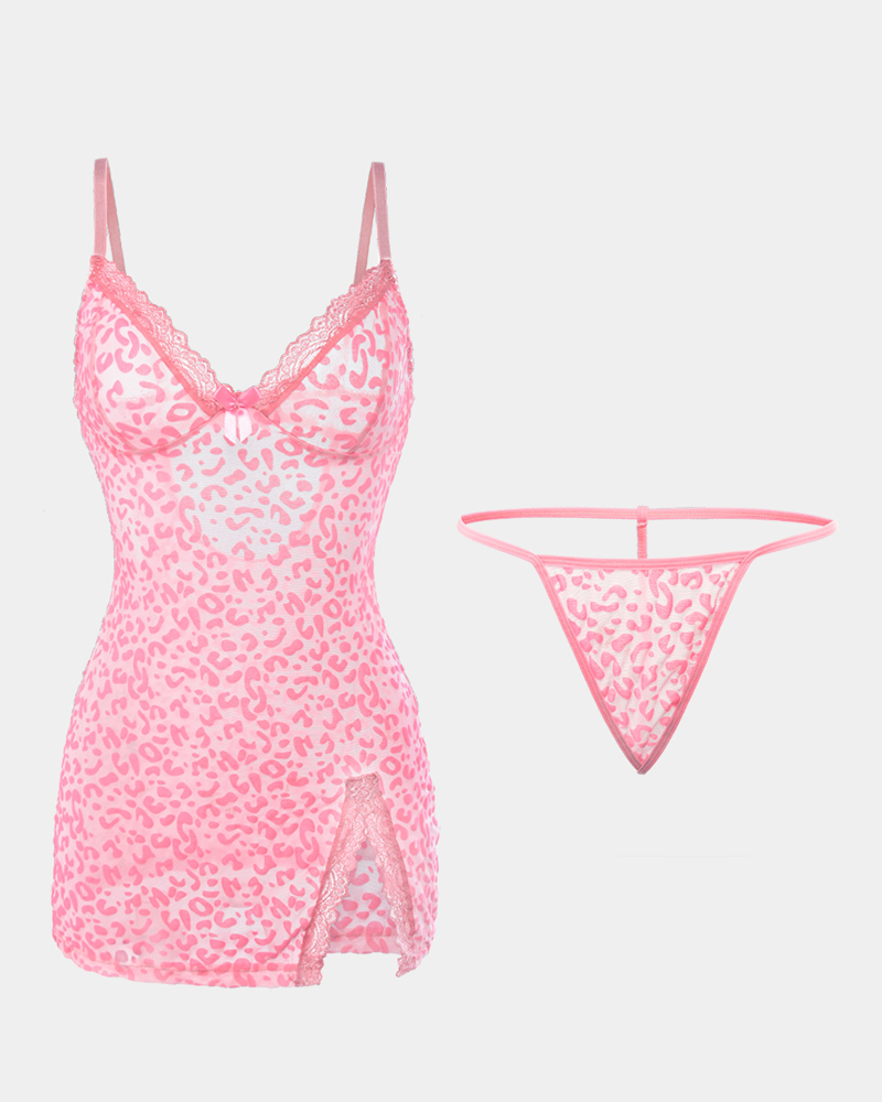 Leopard Print Sheer Mesh Nightgowns with Matching Thong