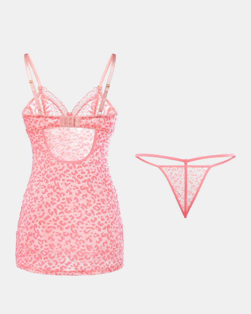 Leopard Print Sheer Mesh Nightgowns with Matching Thong
