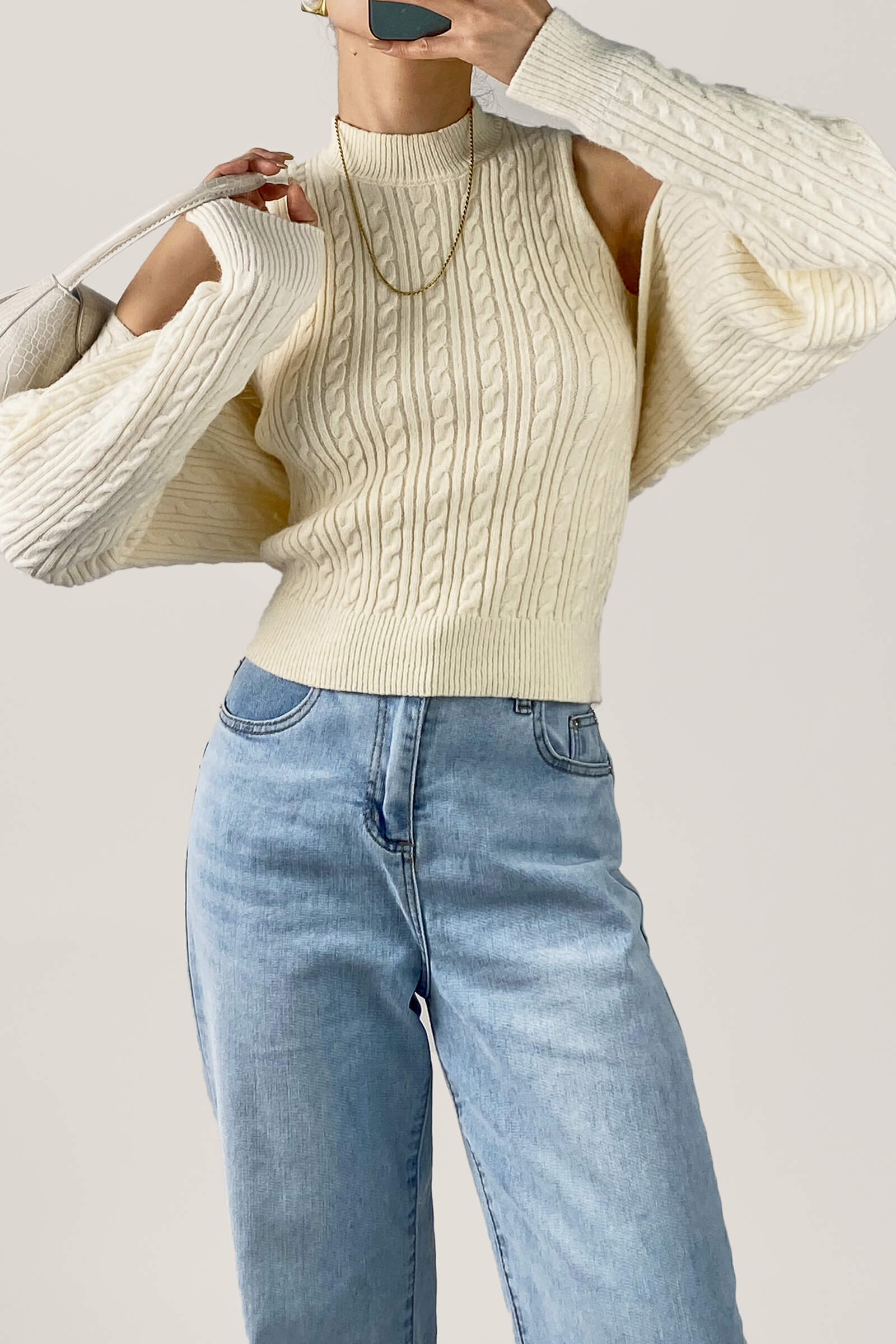 Ivory Cable Knit Shrug Cardigan & Vest Two-Piece Set