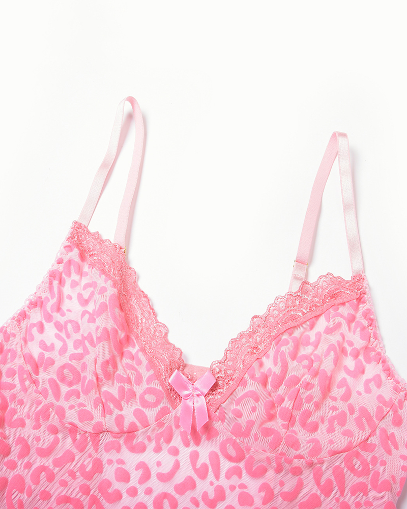 Leopard Print Sheer Mesh Nightgowns with Matching Thong