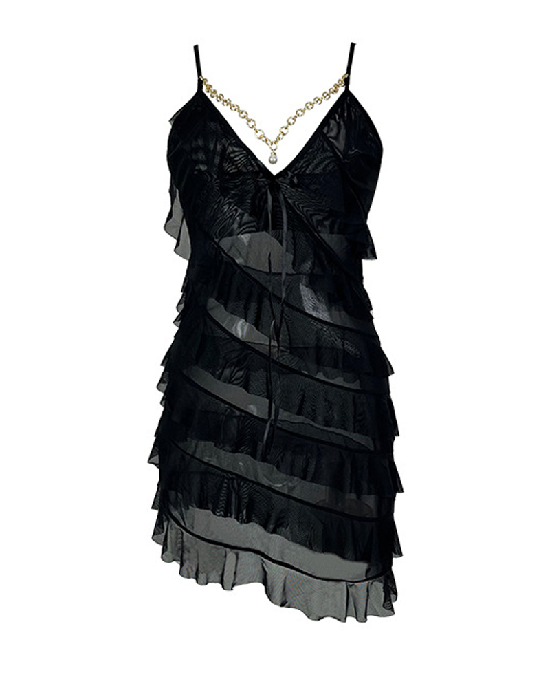 V-Neck Pearl Metal Chain Mesh Ruffle Nightdress