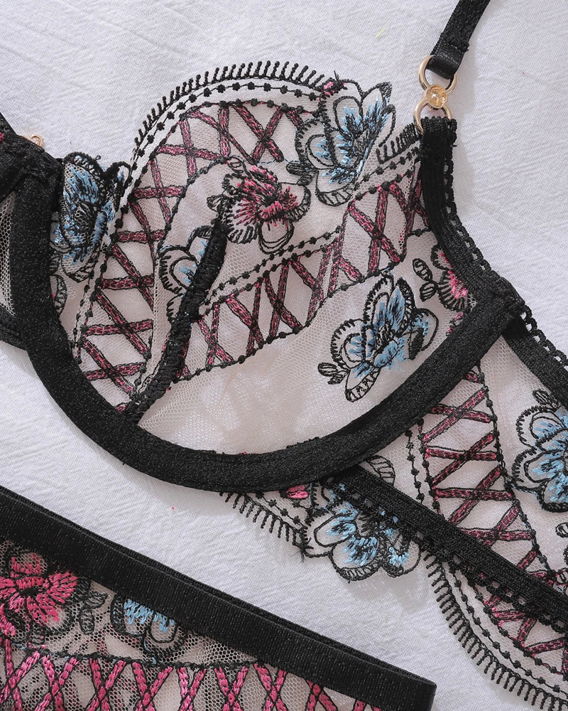 Floral Embroidered Lace Lingerie Set