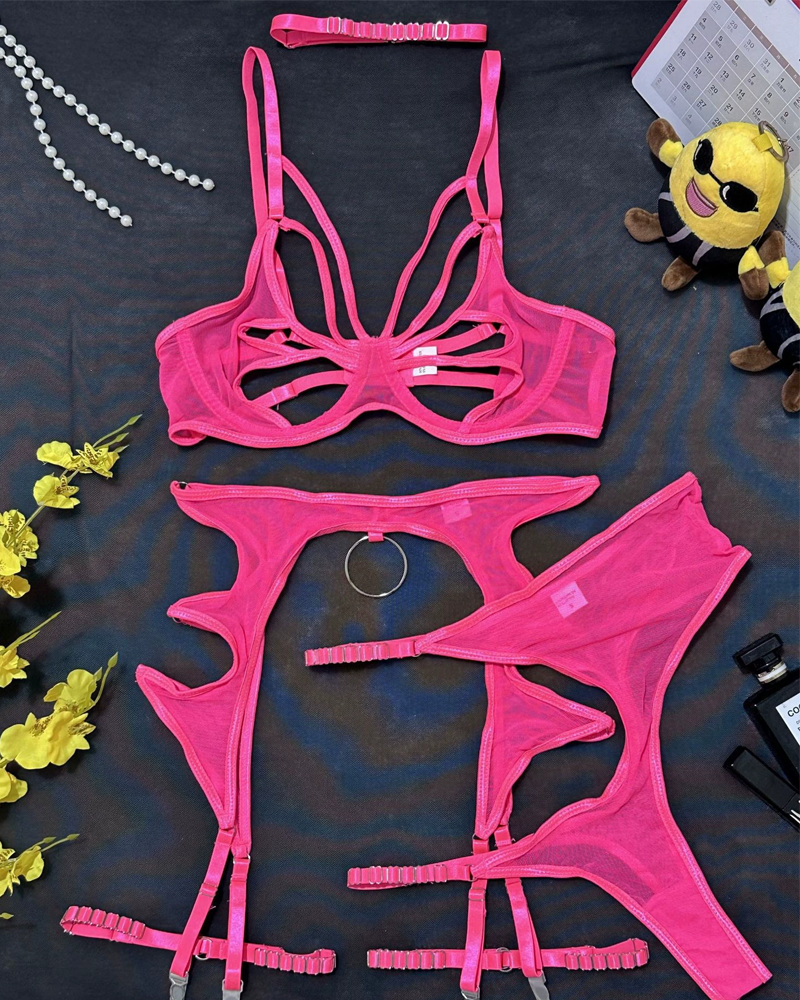 Metal O-Ring Cutout Sheer Mesh Lingerie Set