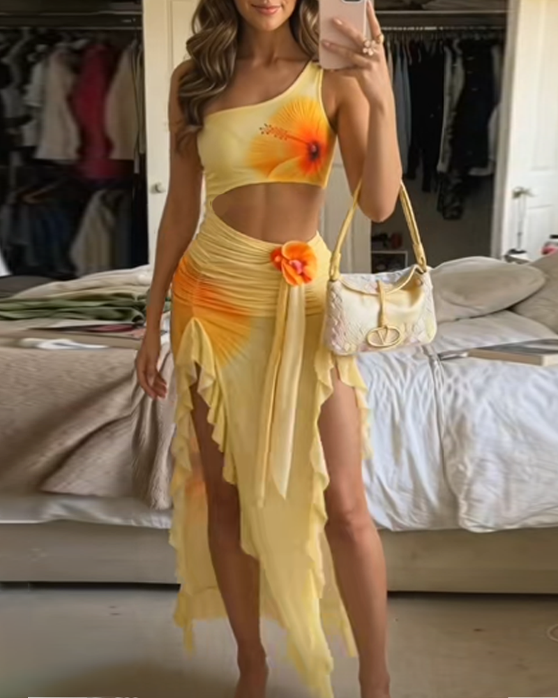 Floral Print Cutout High Slit Mesh Maxi Dress