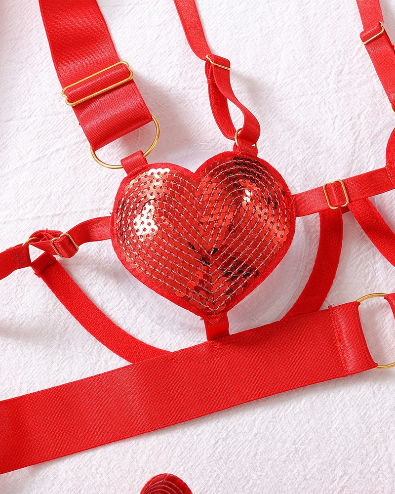 Red Sequin Heart Crisscross Lace-Up Lingerie Set