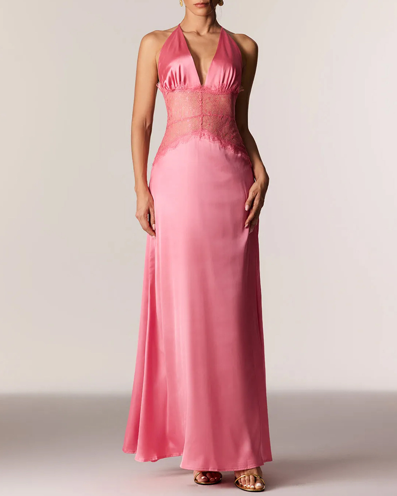Elegant V-Neck Halter Lace and Satin Patchwork Maxi Dress