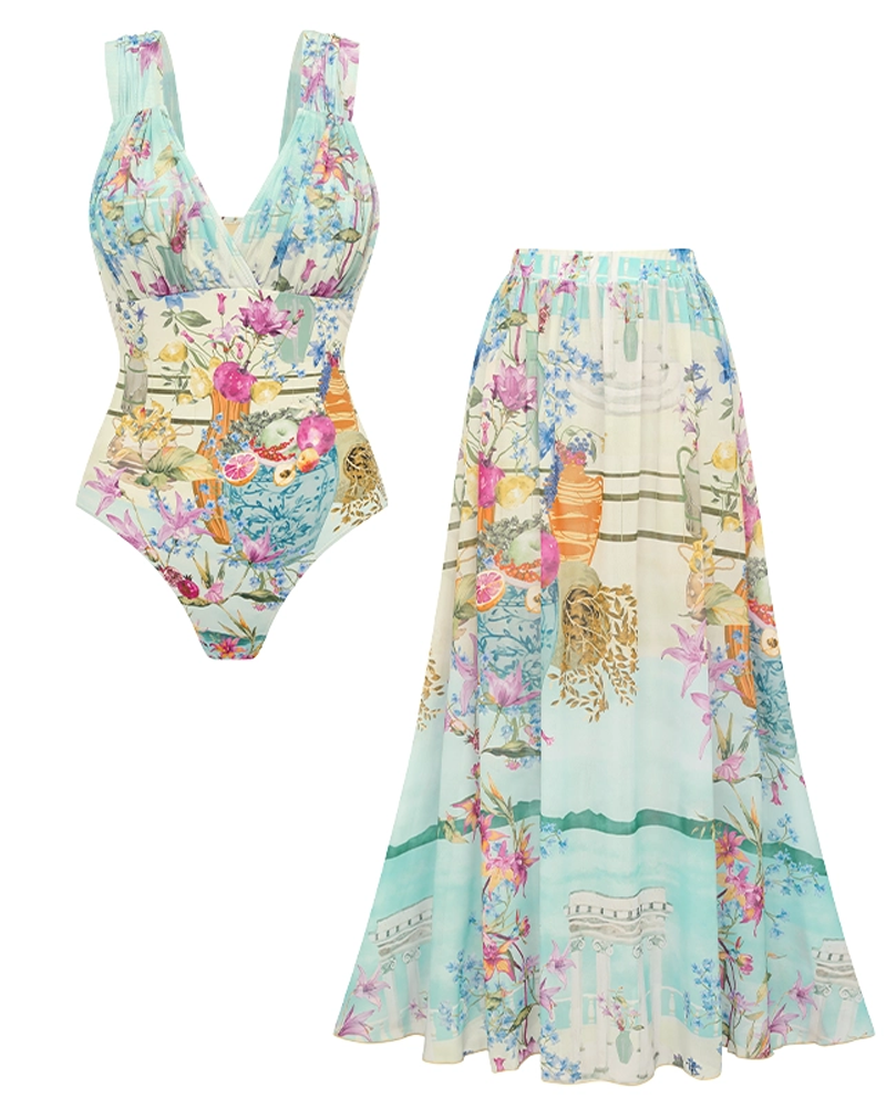 Elegant V Neck Printed Swimsuit Set