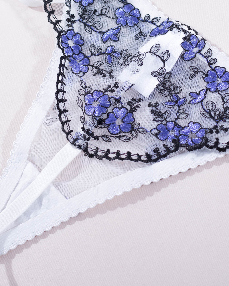 Velvet Rose Floral Embroidered Sheer Mesh Lingerie Set