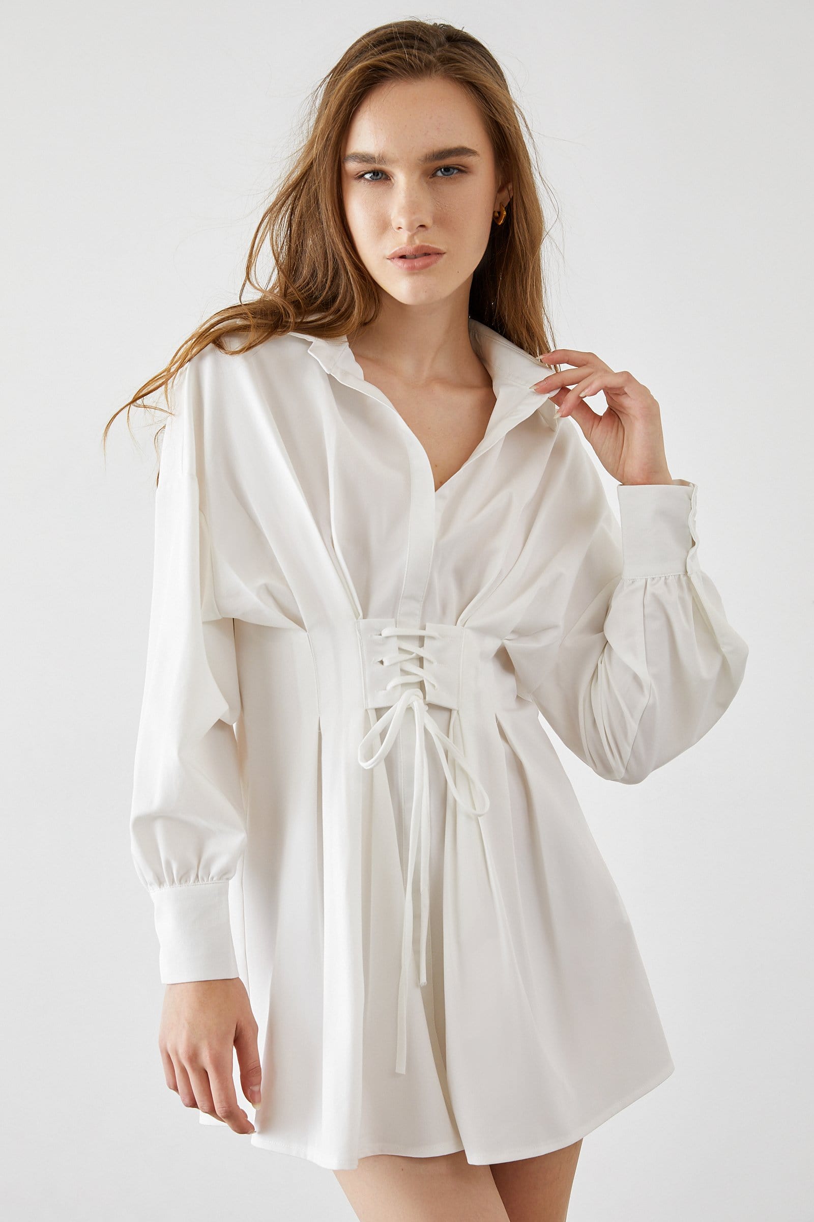 Adalie White Cinched Waist Shirt Dress