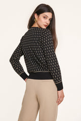Black Jacquard-Knit V-Neck Button-Up Cardigan