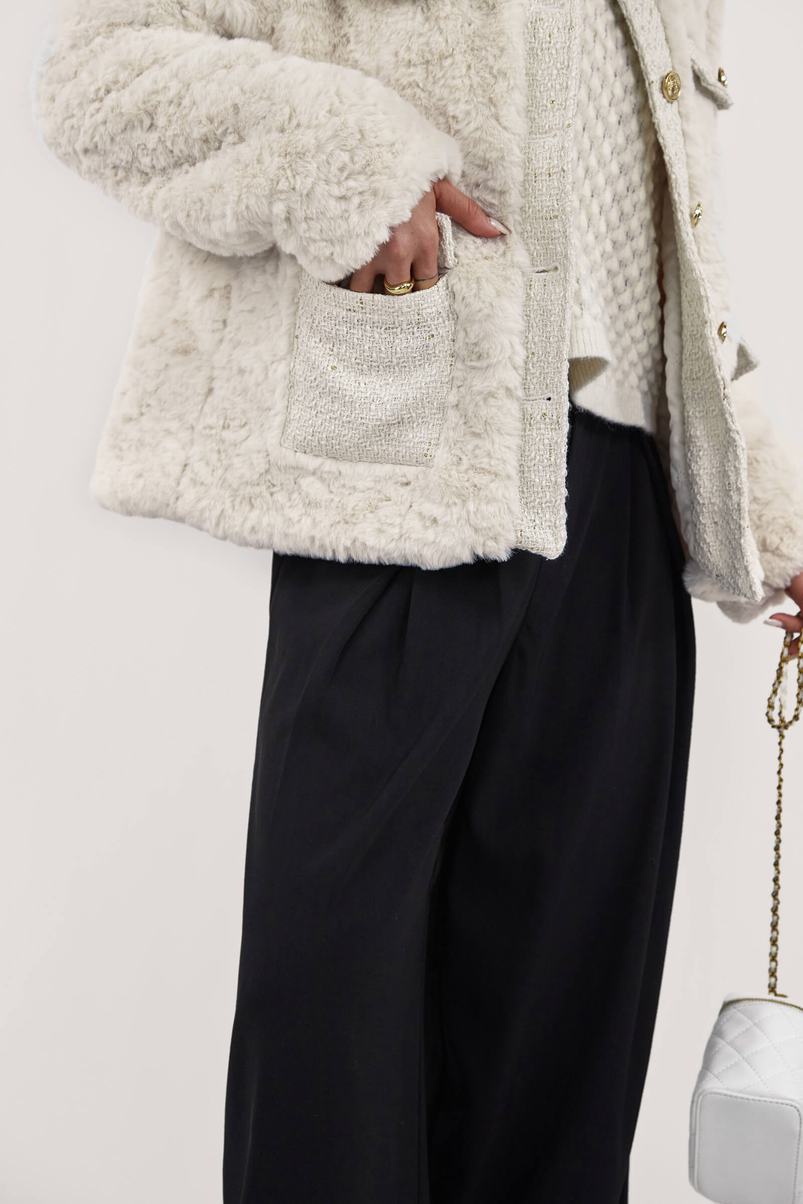 Tweed Crew Neck Pocket Teddy Jacket