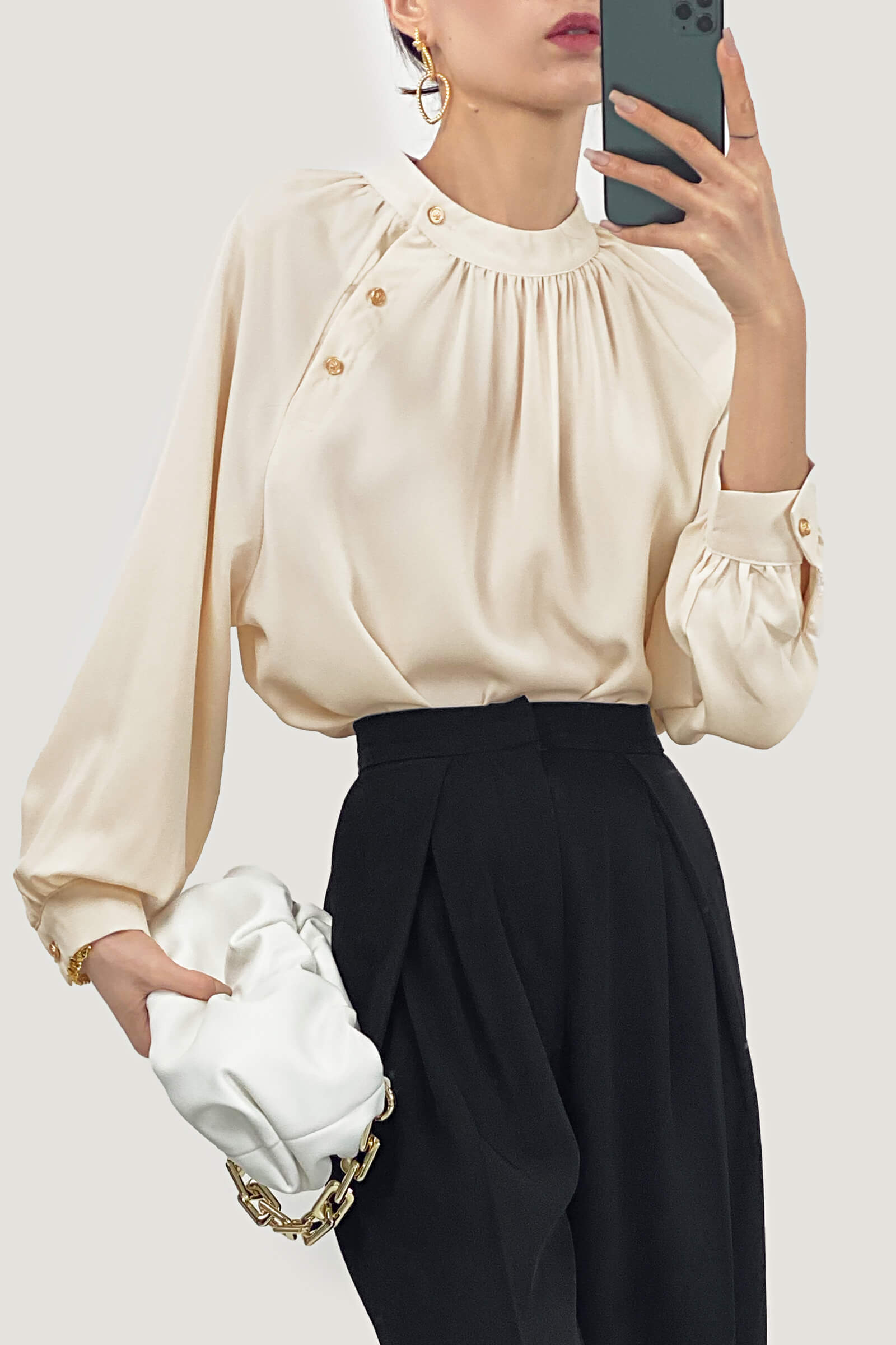 Crew Neck Button Detail Pleated Blouse