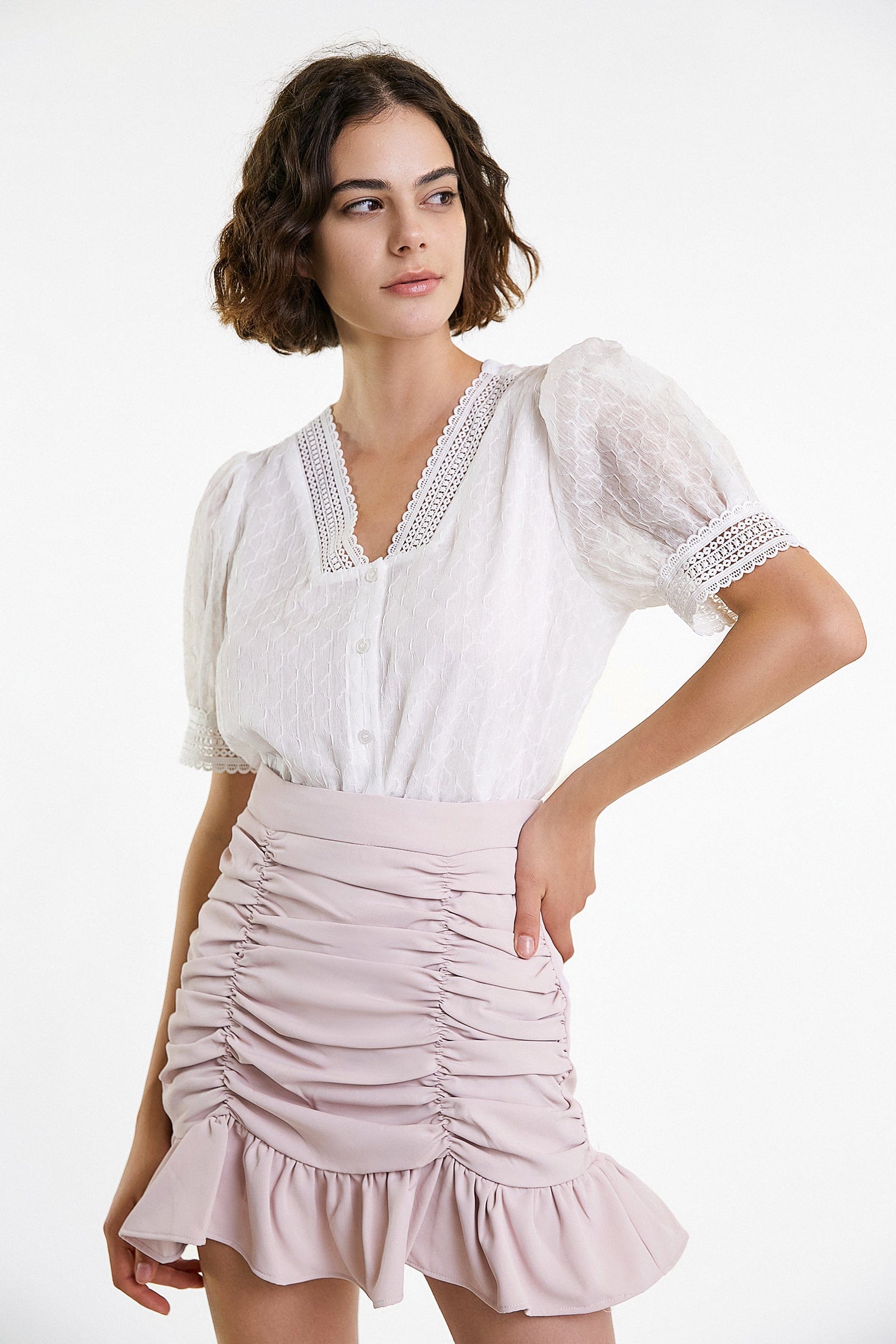 White Crochet Lace Trim V-Neck Button-Up Blouse