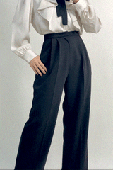 Black Pleat Detail Wide Leg Work Pants