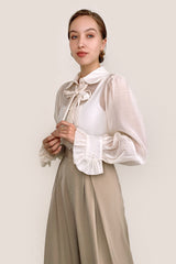 Floral White Sheer Button-Up Tie Neck Blouse