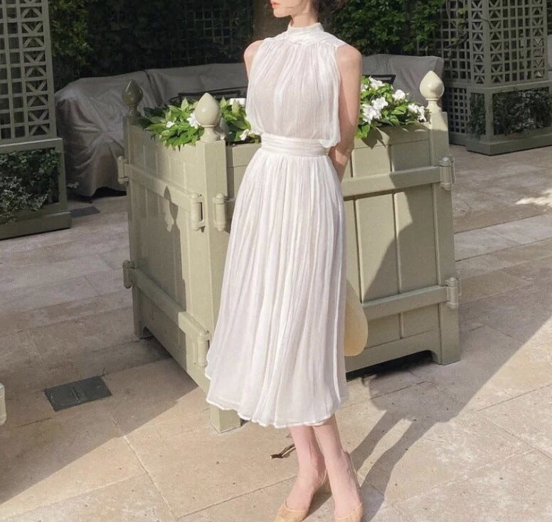 White Sleeveless Pleat Detail Spaghetti Strap Midi Dress