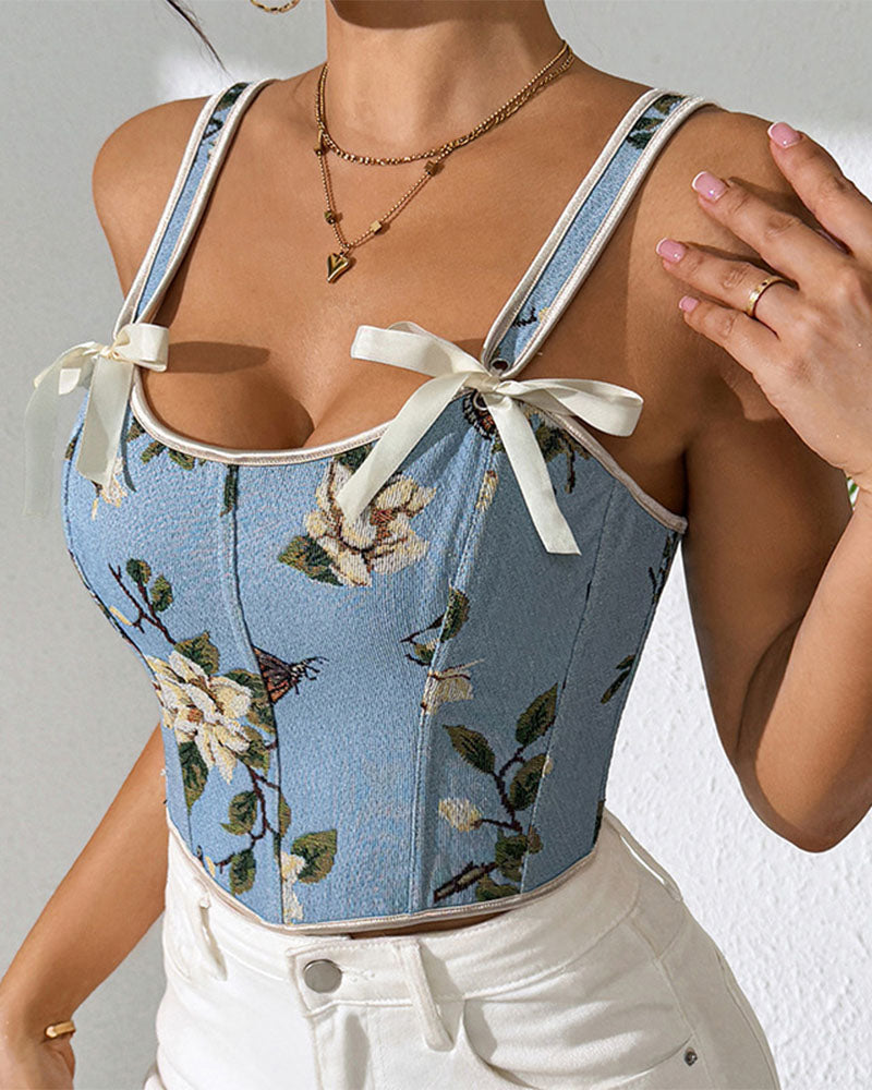 French Style Bow Lace-Up Floral Body Shaper Women's Sling Printed Slim-Fit Vest Corset