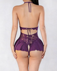 Sheer Lace Halter Cut-Out Crotchless Bodysuit