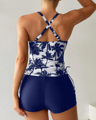 Printed Bodycon Backless Drawstring Slim-Fit Two-Piece Swimsuit
