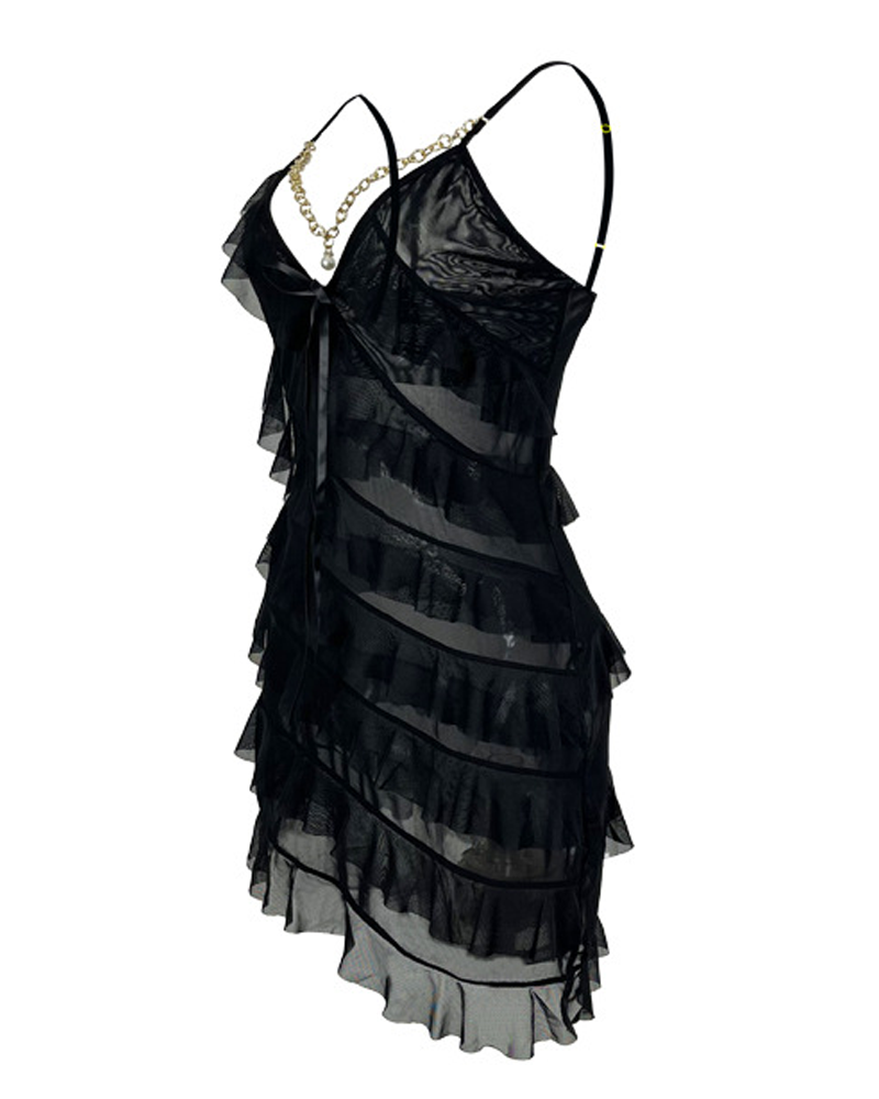 V-Neck Pearl Metal Chain Mesh Ruffle Nightdress