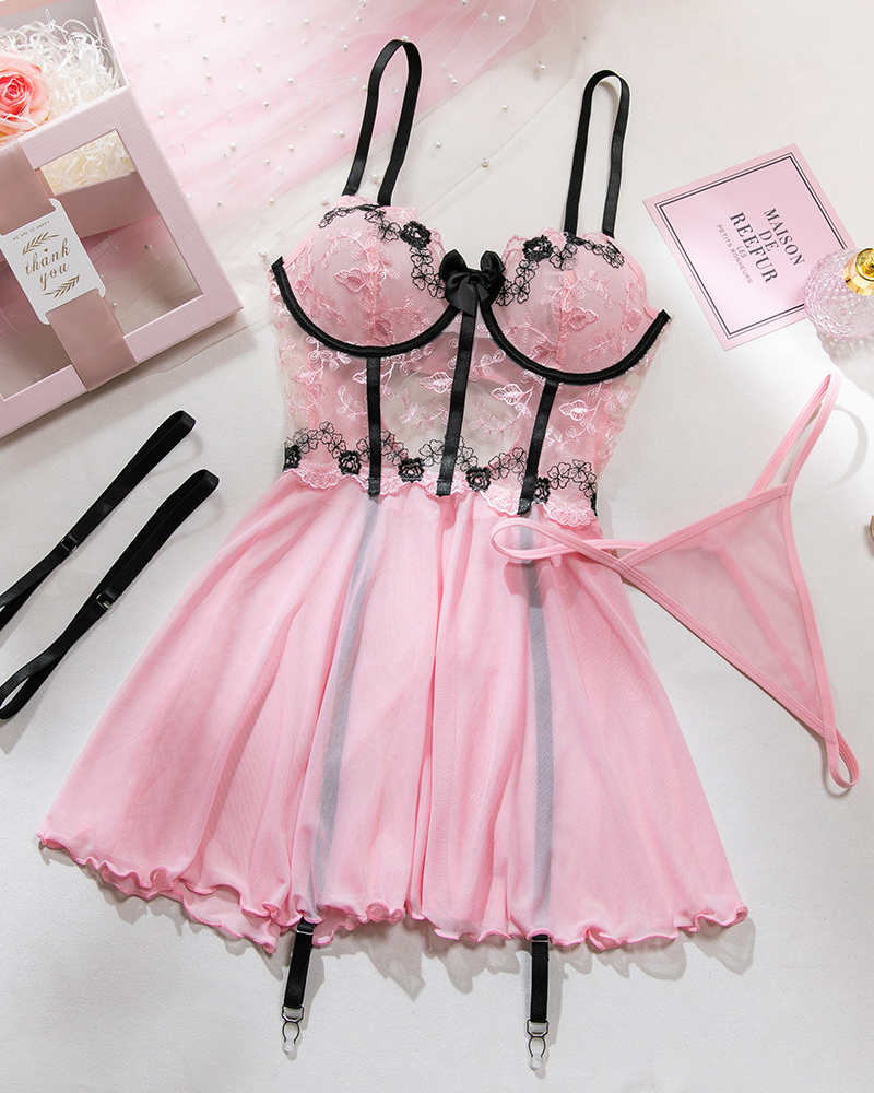 Sheer Mesh Printed Lace Push-Up Spaghetti Strap Lingerie