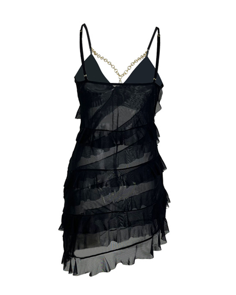 V-Neck Pearl Metal Chain Mesh Ruffle Nightdress