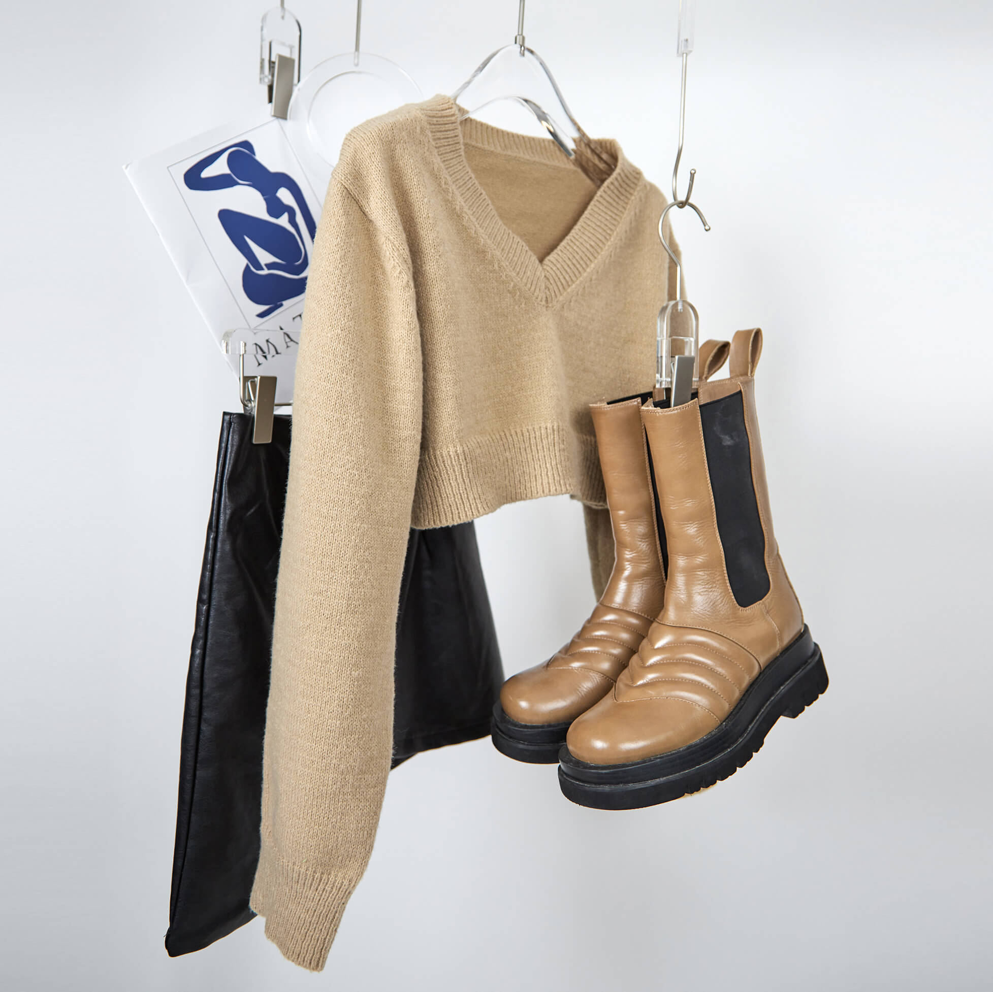 Tan V-Neck Ribbed Trim Cropped Sweater